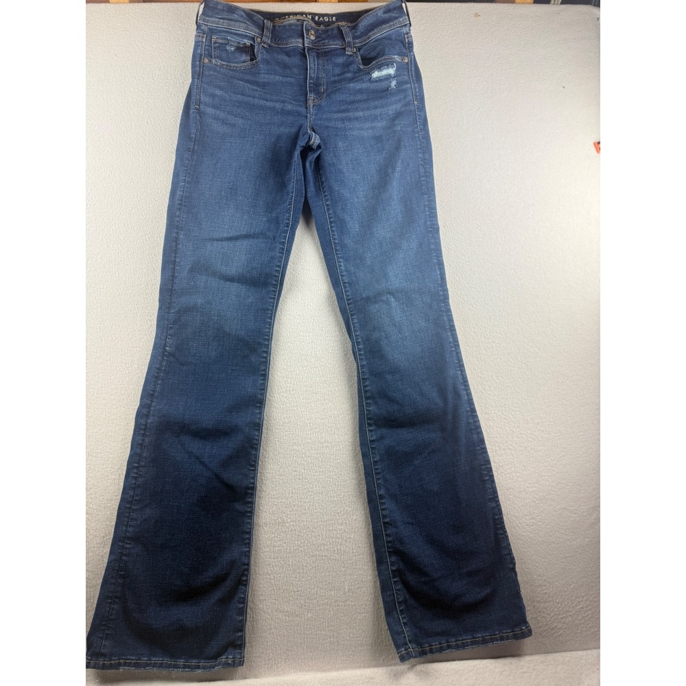 American Eagle Kick Boot Dark Wash Distressed Jeans Womens 10 X-Long Frayed Hem